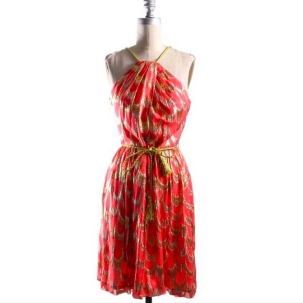 New. TRINA TURK Coral Metallic Print Silk Rope Dress Size 0
